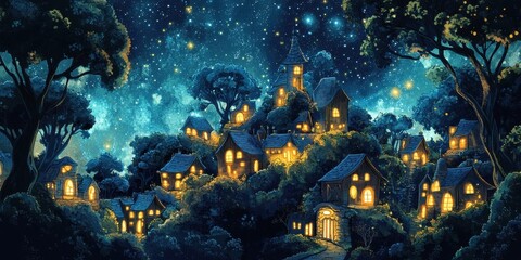 Fairytale village glows warmly under a starlit night sky