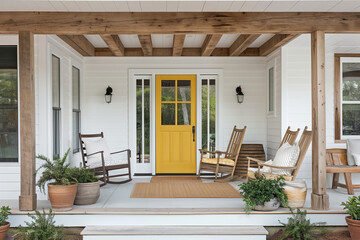 A modern farmhouse front porch, featuring a bright yellow door as the focal point, surrounded by white walls with rustic wooden beams overhead