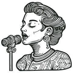 Naklejka premium Vector illustration of a woman singing into a vintage microphone. Line art style. Suitable for music, jazz, or retro themed designs.