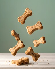 Fototapeta premium Bone-shaped dog treats floating in mid-air against a soft green background. The motion creates a visually appealing composition, ideal for pet food marketing and advertisements.