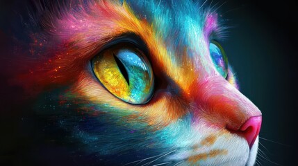 Colorful cat portrait, cosmic fur, dark background, fantasy art