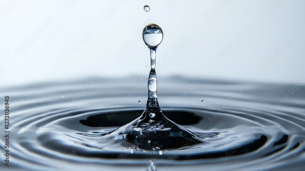 Poster A solitary water drop hangs in the air, poised to fall, while concentric ripples emanate from a previous splash. The clarity and simplicity evoke tranquility and reflection