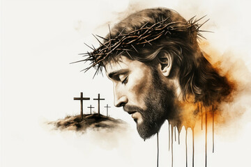 Jesus Christ wearing a crown of thorns, his form blending into three crosses on a hill, symbolizing sacrifice and redemption in a surreal artistic composition. Digital watercolor painting illustration