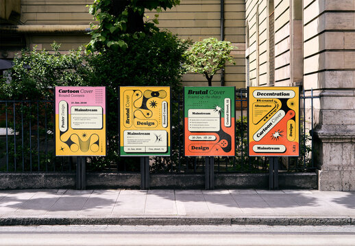 Mockup Of Four Vertical Customizable Posters In City