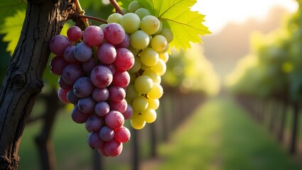 a close-up of a bunch of grapes hanging from a vine. The grapes are in various stages of ripeness, with some being green and others turning purple. The background features a vineyard 