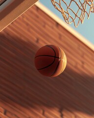 Basketball in Mid-Air Above a Hoop Against a Warm Wooden Background During Sunset Light