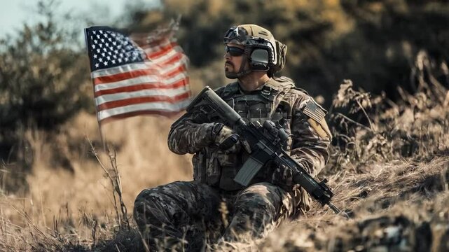 Military soldier scene american flag background, smooth repeating motion for background video animation