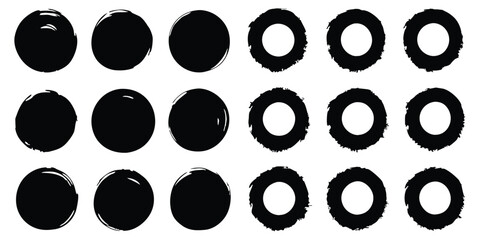 Vector black ink circles, hand-drawn textured punk shapes, artistic Chinese or Korean design elements, Japanese enso zen circles, and sun symbols.