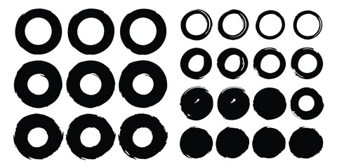 Vector black ink circles, hand-drawn textured punk shapes, artistic Chinese or Korean design elements, Japanese enso zen circles, and sun symbols.