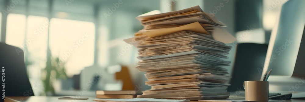 Poster Towering pile of documents on a desk symbolizes the chaos and stress of multitasking under tight deadlines. The scene captures the essence of time management challenges in a busy office