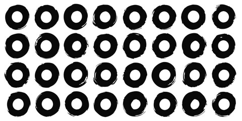 Vector black ink circles, hand-drawn textured punk shapes, artistic Chinese or Korean design elements, Japanese enso zen circles, and sun symbols.