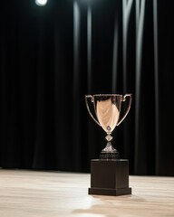Elegant trophy on stage with dark curtains in background, symbolizing achievement and success in competition