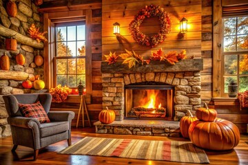 Cozy cabin interior with a crackling fireplace and fall-themed decor, seasonal decorations, warm lighting