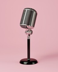 Fototapeta premium Classic Vintage Microphone on Stand with Pink Background for Music and Sound Concepts