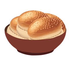 A brown bowl filled with three golden, sesame-topped bread rolls showcasing a soft and fluffy texture