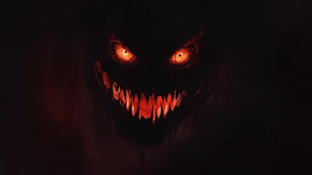 Glowing red devil face scene, smooth repeating motion for background video animation