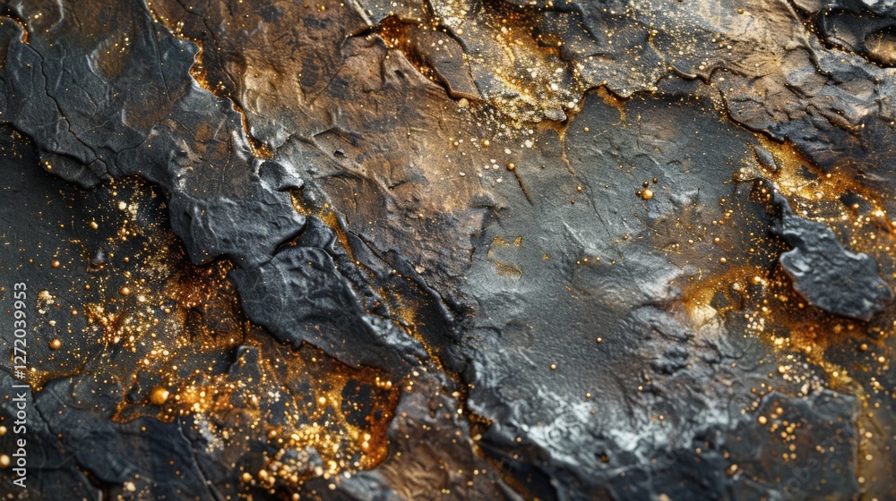 Poster textured black and gold surface reveals intricate patterns formed through natural processes. bright 