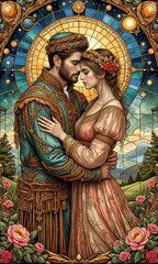 Fototapeta premium Romantic Art Nouveau Portrait of Royal Couple in Ornate Celestial Border with Constellations and Roses in Stained Glass Style