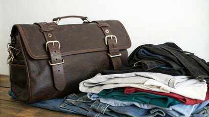 Dark brown leather bag with metal clasps on a pile of clothes, fashion item, dark brown leather, piles of clothes, metal clasps