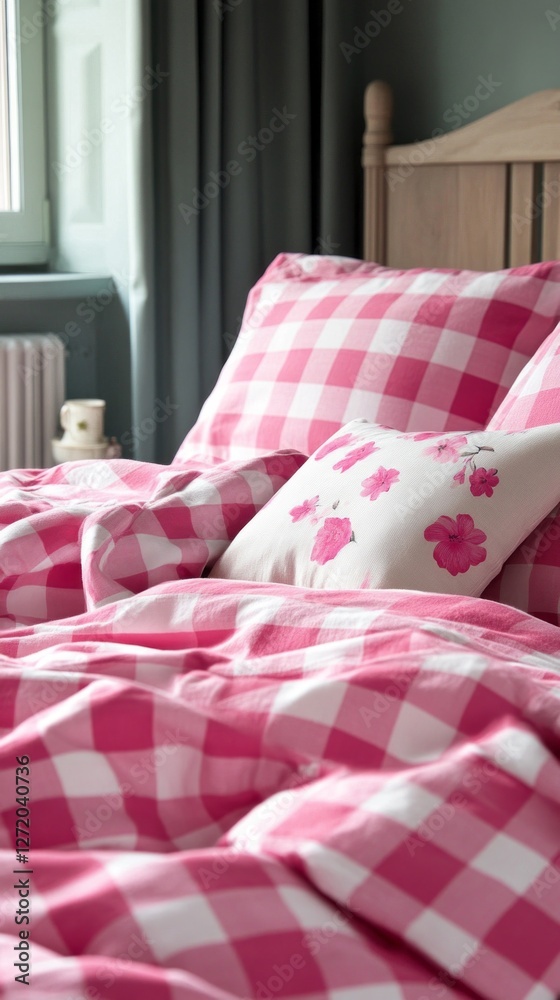 Poster soft, inviting bed linen in a vibrant pink and white check pattern enhances the cozy atmosphere of t