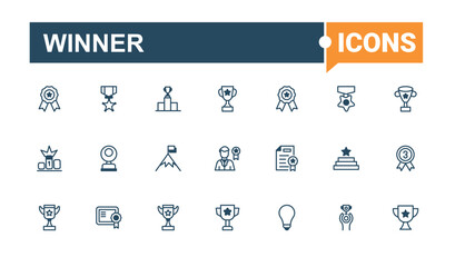 Winner line icon. Containing trophy, champion, place, achieve, leader, icon, leadership and more. Pixel perfect. Solid line editable vector illustration.