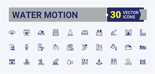 Water Motion icon collection. It contains symbols to hand, nature, h2o, sea, bottle, drink and more. Set of line pictogram. Solid line editable stroke. Vector line and solid icons.