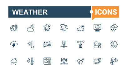 Weather icon collection. It contains symbols to web, sunny, simple, summer, app, sky, rainy, weather. Isolated icon. Editable vector outline and solid icons.