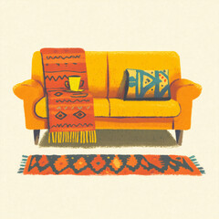 Boho-Style Living Room with Cozy Sofa and Decorative Elements