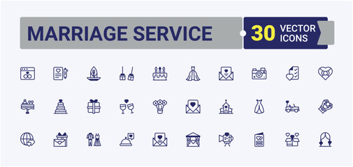 Marriage Service linear icon collection. Contains such icons as ring, budget, marketing, promotion, party, birthday, gift, day. Simple line vector. Vector line and solid icons.