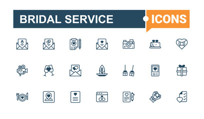 Bridal Service collection. Contains related to budget, party, formal, team, man, business, management, car. Minimalistic icon. Editable vector outline and solid icons.