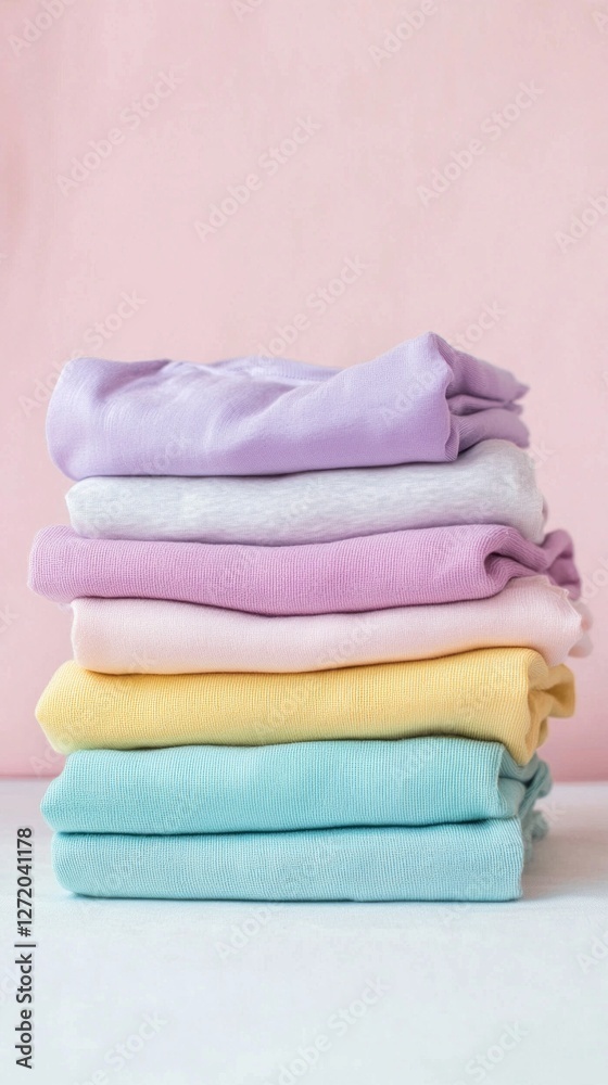 Poster A visually appealing arrangement of cotton clothes in various pastel shades is neatly stacked. The soft textures and gentle colors create a serene and inviting atmosphere in a cozy setting