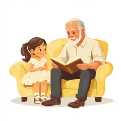 Grandfather Reading a Book to His Granddaughter on a Cozy Sofa