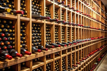 Dark wooden shelves stacked with wine bottles lined up in rows, wooden beams, rustic