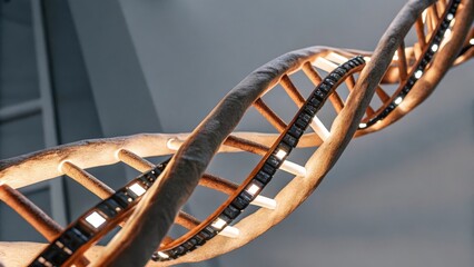 A closeup of intertwining DNA strands integrated with microchips glowing softly emphasizing the harmony between genetic engineering and digital innovation.
