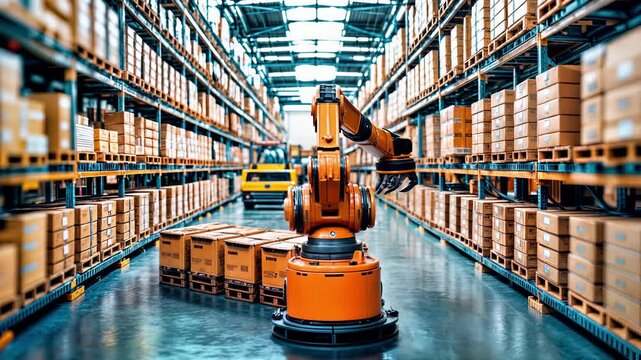 Industrial robotic arm in automated warehouse with storage racks and pallets. Smart logistics facility with modern technology, digital automation and intelligent machinery for efficient distribution