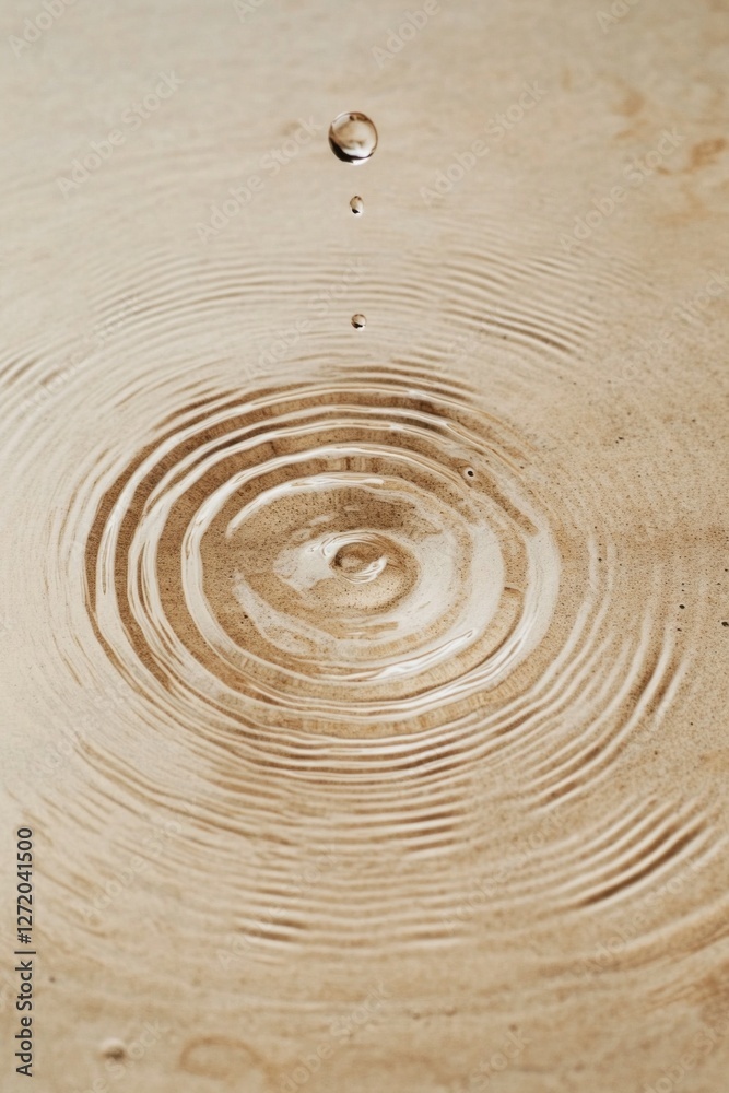 Poster soft ripples form gracefully on a beige surface as a single droplet descends, capturing the tranquil