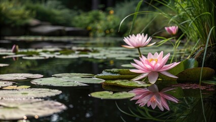 Delicate pink waterlily petals are reflected in the calm surface of a black lotus pond, surrounded by lush greenery and vibrant aquatic life, pond, botanical, greenery