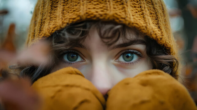 Intense gaze of a woman with hazel eyes wearing a knit hat and gloves, partially obscuring her face.