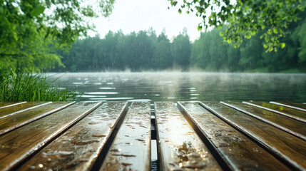 Fototapeta premium A polished wooden beer table showcases its smooth surface, surrounded by nature in a park by the lake. Early morning mist adds serenity, while soft light casts gentle shadows