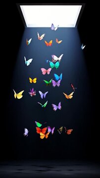 In an empty room, a beam of sunlight shines down from the square skylight on the top. The skylight is in the middle of the picture. There are many colorful butterflies flying under the light. Black ba