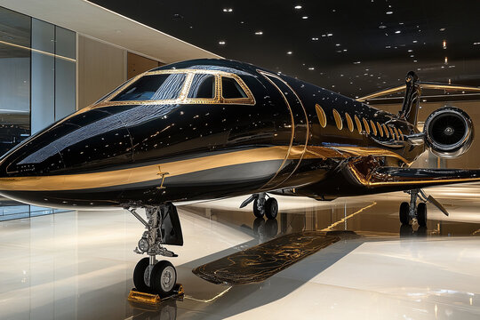 Luxurious black and gold toned private jet airplane parked at the airport at night. Exclusive traveling for VIP`s, millionaires and billionaires. Opulent lifestyle	