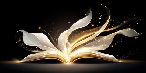 An open book releases a cascade of light and sparkles, symbolizing happiness and inspiration on International Day of Happiness, inviting readers to embrace joy and upliftment