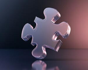 A transparent 3D puzzle piece icon, suspended against a dark gradient background with soft reflections