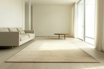 Obraz premium A serene minimalist living room featuring a soft beige rug placed in the center of the room, adding warmth and texture to the clean, modern space