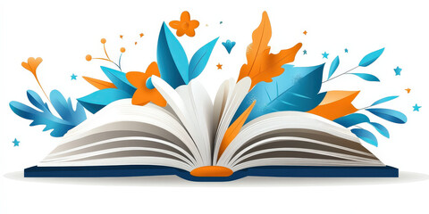 An open book emits vibrant light and sparkles, surrounded by colorful foliage. This artwork encapsulates the essence of happiness and inspiration for International Day of Happiness