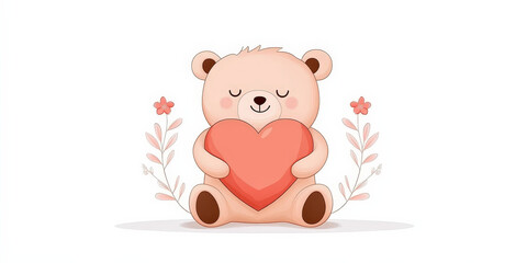 Fototapeta premium This charming illustration features a cute bear joyfully hugging a heart, surrounded by soft pastel pink and brown tones, conveying warmth and affection in a delightful kawaii style