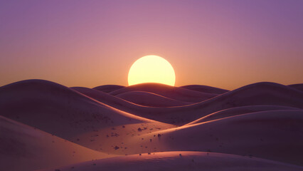 Majestic Desert Sunset Over Rolling Sand Dunes in a Serene 3D Landscape