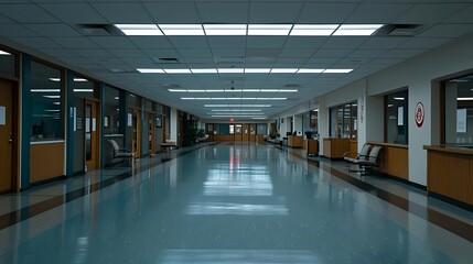 Long Empty Hallway with Reflective Floor and Fluorescent Lighting