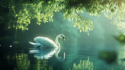 Serene swans gliding peacefully on calm golden waters high resolution photo