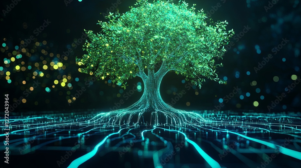 Wall mural futuristic digital tree with glowing network roots in a technological environment